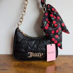 New Juicy Couture Fashion Item Black Cherry Scarf Shoulder Handbag Gold Chain